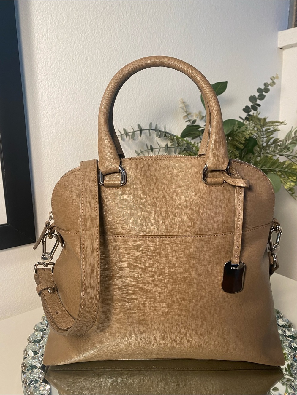 FURLA Victoria Leather Dome Satchel In Taupe